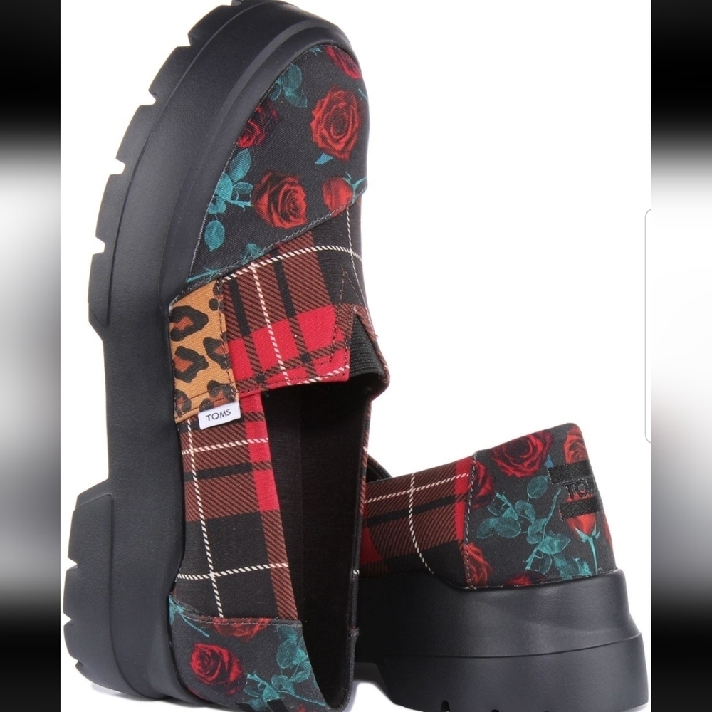 Toms Floral & Plaid Platform Loafers - Red, Teal, Black